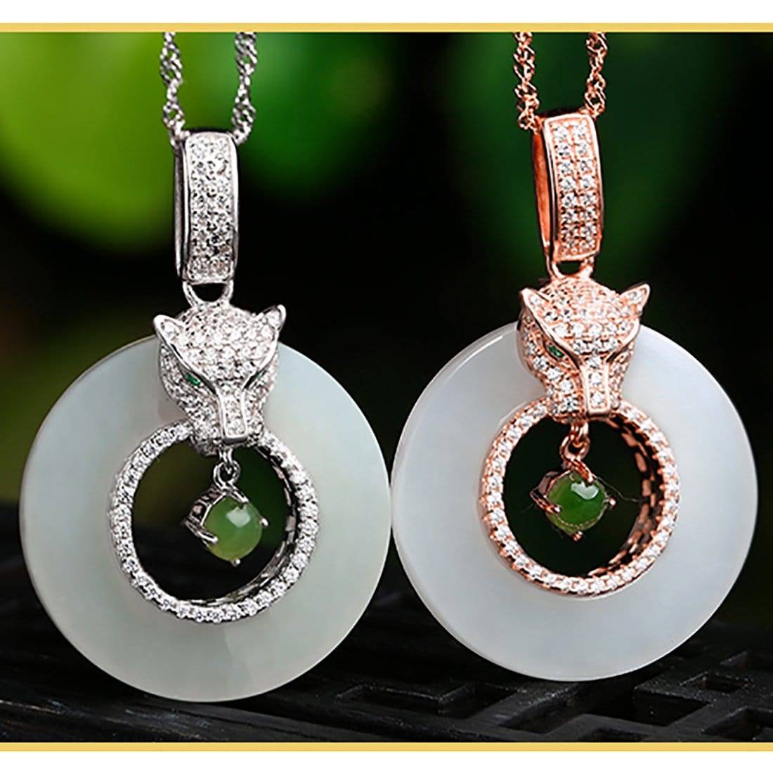 Baikalla Jewelry Silver Jade Necklace Genuine Green and White Nephrite Jade Leopard Necklace with CZ(Rose Gold Plated or Silver)
