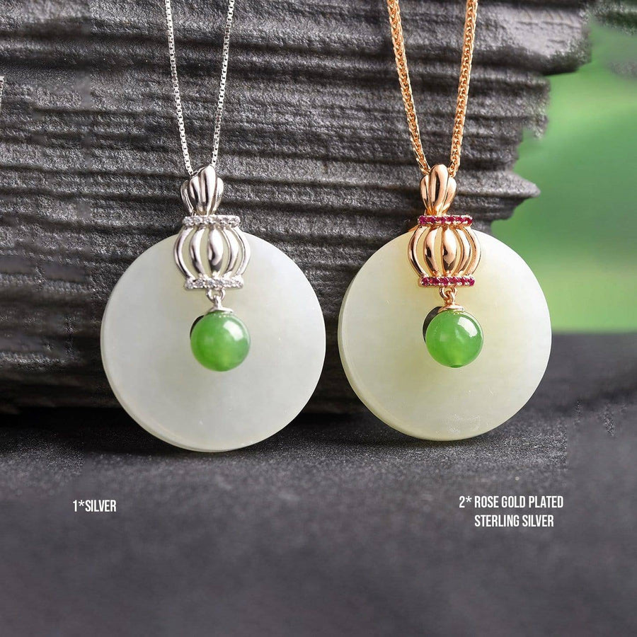 Baikalla Jewelry Silver Gemstone Necklace Rose Gold Plated Sterling Silver Genuine Nephrite White & Green Jade Crown Pendant