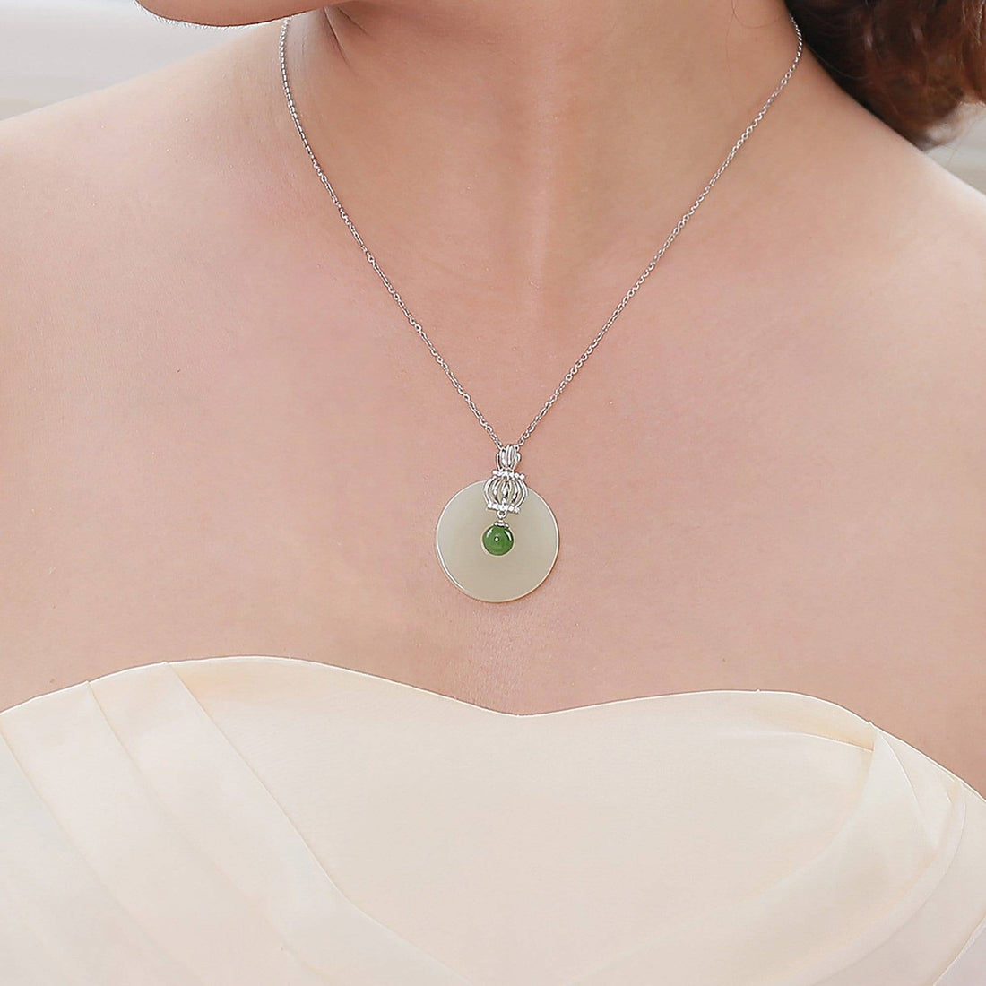 Baikalla Jewelry Silver Gemstone Necklace Genuine Nephrite White & Green Jade Crown Pendant