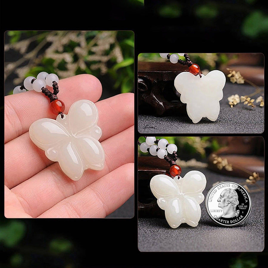 Baikalla Jewelry Jade Carving Necklace Genuine Nephrite White Jade Butterfly Necklace