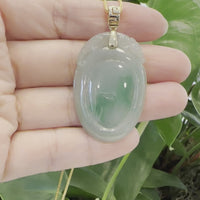 Baikalla Natural Green Jadeite Jade Shou Tao ( Longevity Peach ) Necklace With 14k Yellow Gold VS1 Diamond Bail