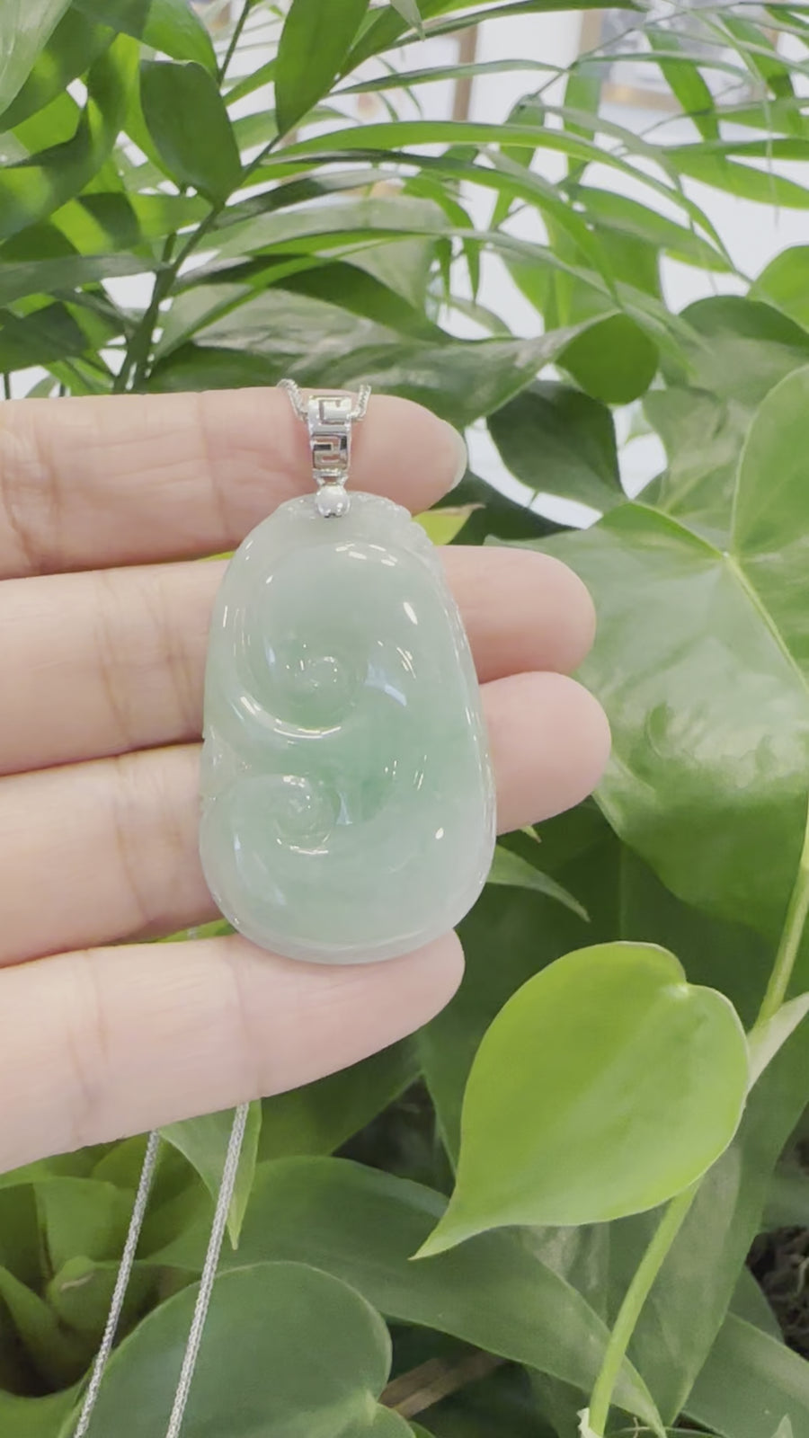 Natural Green Jadeite Jade Ru Yi Necklace With 14k White Gold Bail