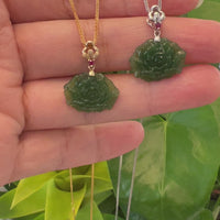 Baikalla™ : " Peony Flower " 14k Yellow Gold Genuine Nephrite Green Jade Pendant Necklace