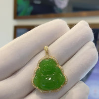 Baikalla™ "Laughing Buddha" 14k Gold Genuine Nephrite Apple Green Jade with VS1 Diamonds High-end Collectable