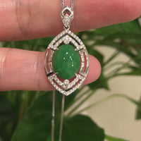 18K White Gold Oval Imperial Jadeite Jade Cabochon Necklace with Diamonds