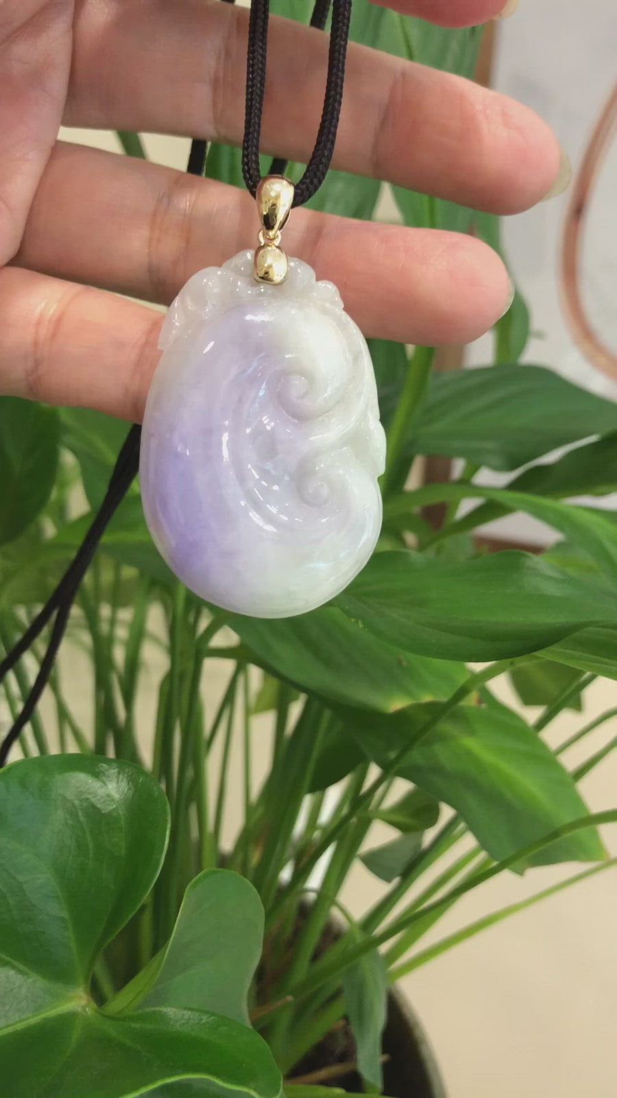 Genuine Lavender Jadeite Jade RuYi Pendant Necklace With 14K Yellow Gold Bail