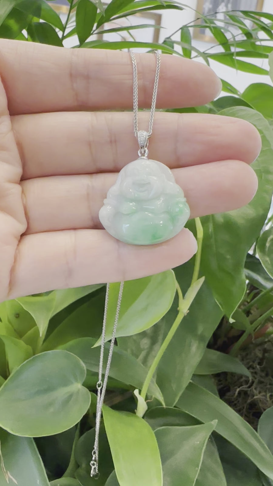 Baikalla™ "Laughing Buddha" Genuine Green Jadeite Buddha Pendant Necklace With 14k White Gold Diamond Bail