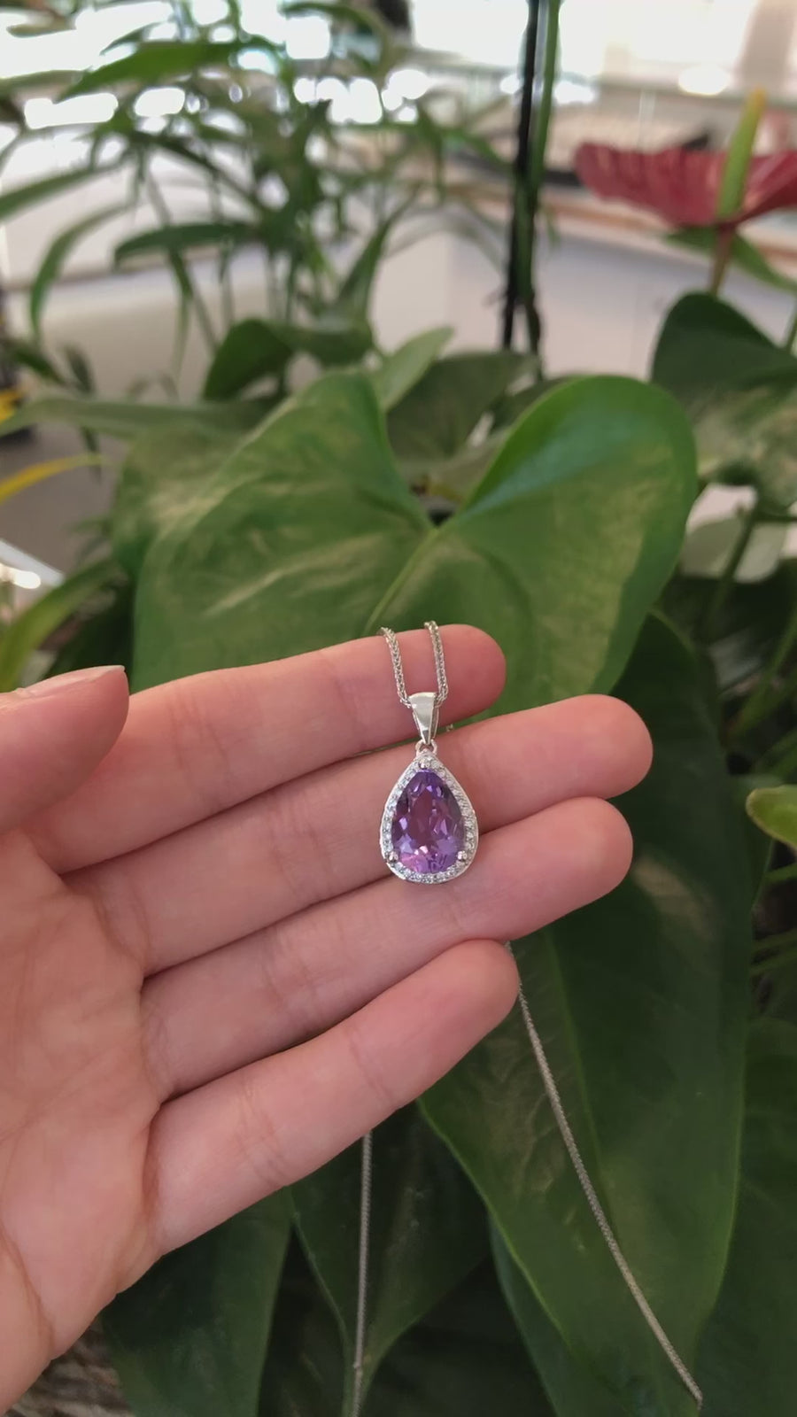 Sterling Silver Natural Amethyst Tear drop Pendant Necklace With CZ