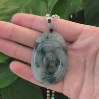 Genuine Ice Blue-Green Jadeite Jade "Good Luck Oval with Dragon Accent" Pendant Necklace With Real Jadeite Bead Necklace