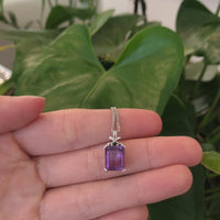 Sterling Silver Natural Amethyst Emerald Cut Pendant Necklace With CZ