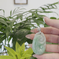 Natural Green Jadeite Jade Ru Yi Necklace With Sterling Silver Bail