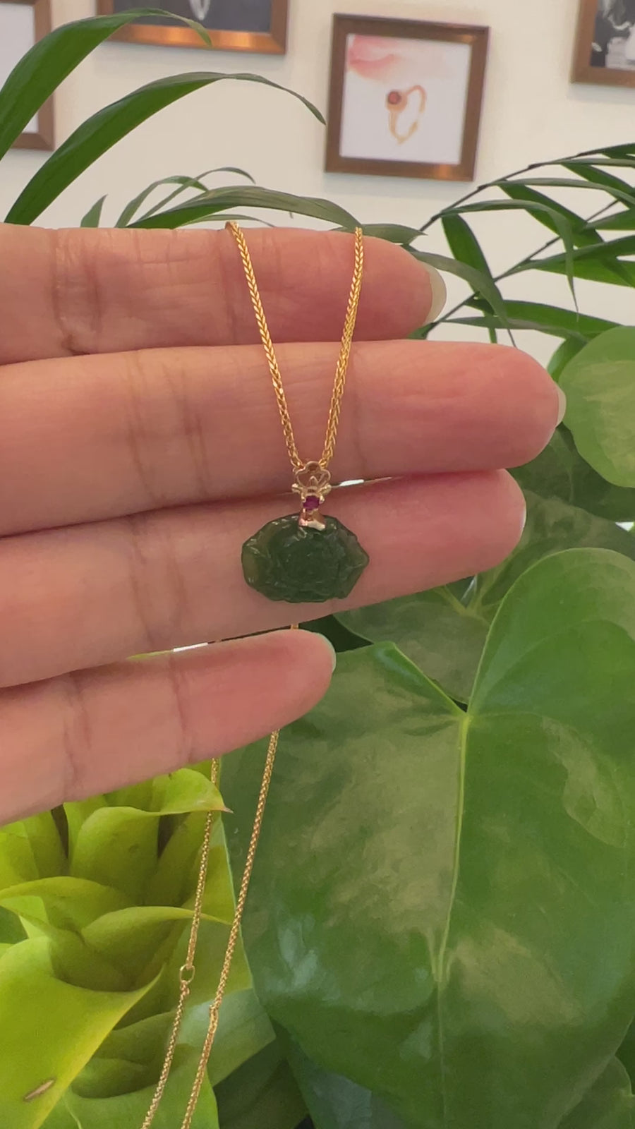 Baikalla™ " Peony Flower " 14k Yellow Gold Genuine Nephrite Green Jade Pendant Necklace