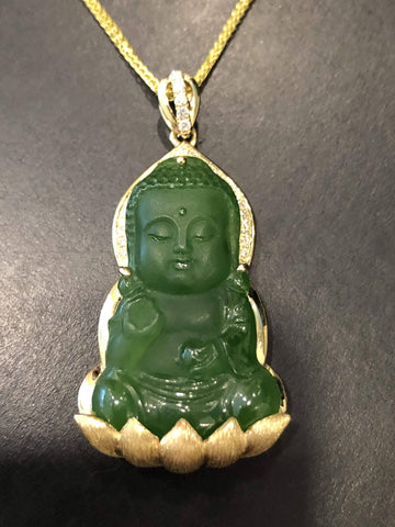 Baikalla Jewelry Gold Jade Pendant Baikalla™14K Yellow Gold Genuine Nephrite Green Jade GuanYin Baby Buddha Pendant Necklace