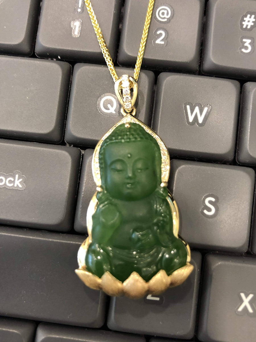Baikalla Jewelry Gold Jade Pendant Baikalla™14K Yellow Gold Genuine Nephrite Green Jade GuanYin Baby Buddha Pendant Necklace