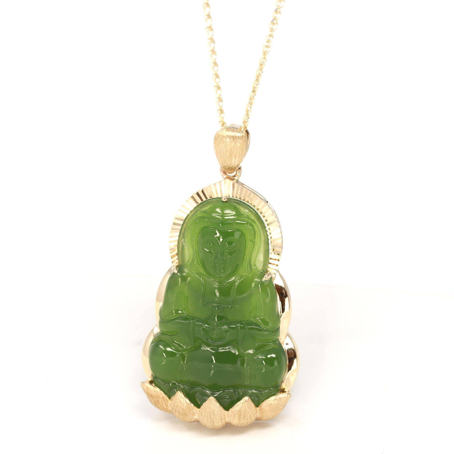 Baikalla Jewelry Gold Jade Pendant Baikalla™ 14K Yellow Gold Genuine Nephrite Green Jade GuanYin Pendant Necklace