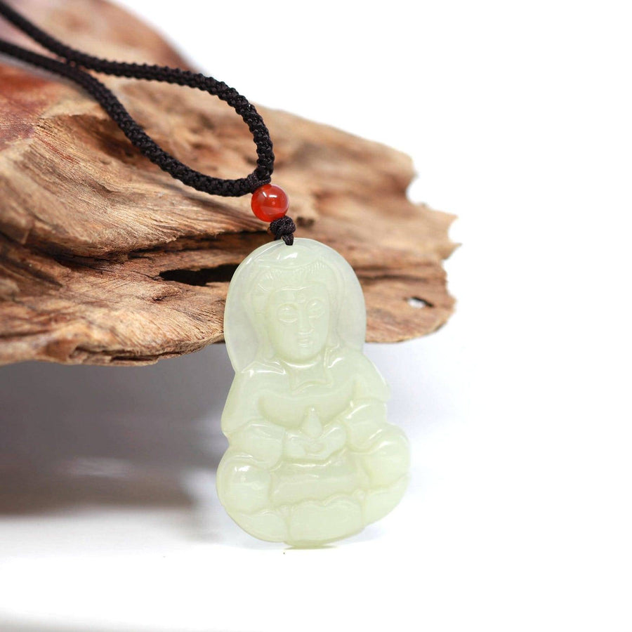 Baikalla Jewelry Jade Pendant Necklace Baikalla™ "Classic Guan Yin (Goddess Of Compassion)" Genuine HeTian White Nephrite Jade Guanyin Pendant Necklace