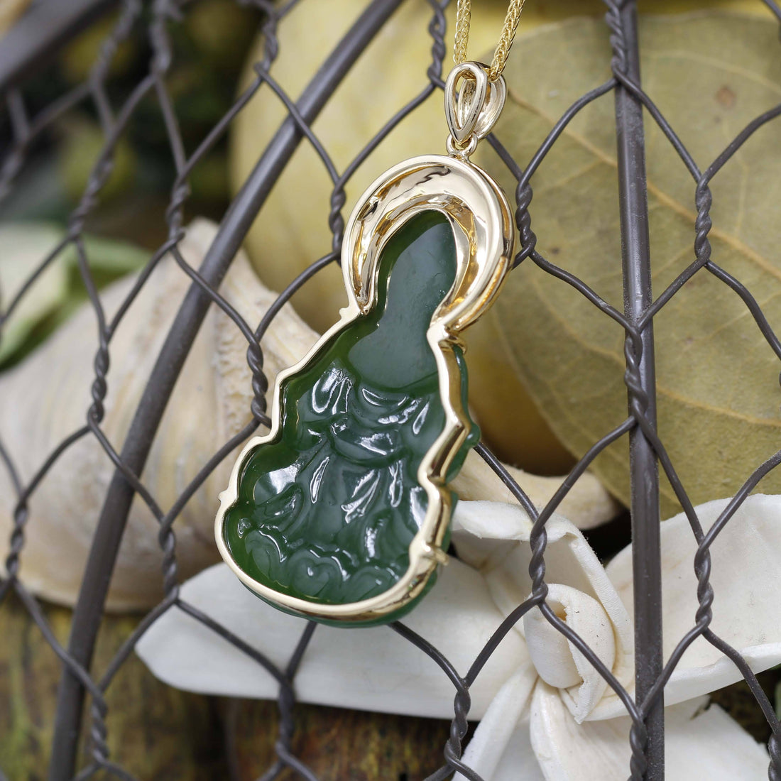 Baikalla Jewelry Gold Jade Necklace Baikalla™ Guan Yin 18k Yellow Gold Genuine Nephrite Green Jade Guanyin Buddha Pendant Necklace
