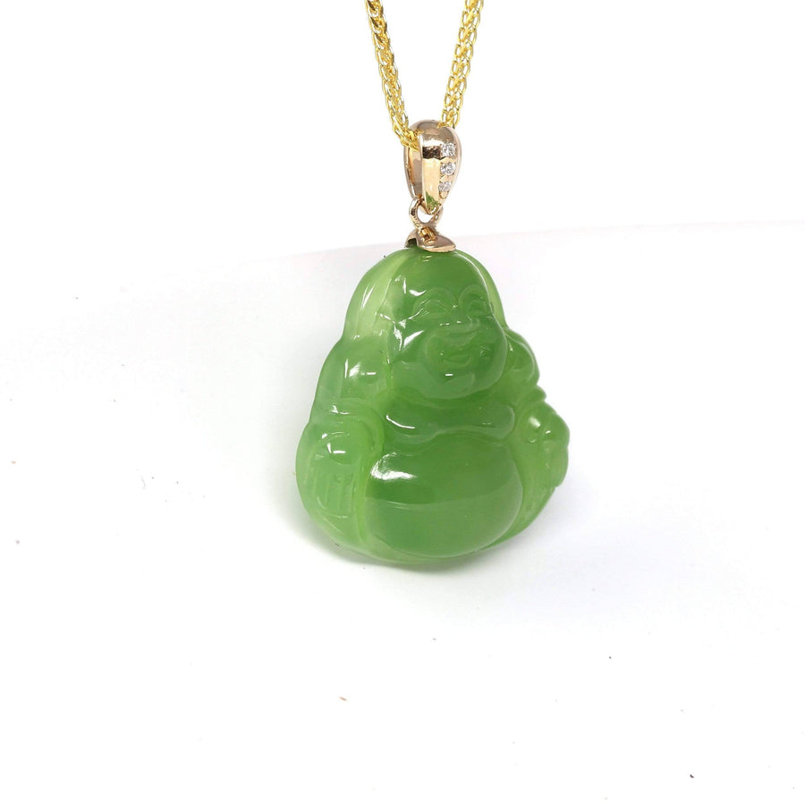 Baikalla Jewelry Gold Jade Buddha Baikalla™ "Laughing Buddha" 14k Gold Genuine Nephrite Apple Green Jade with Diamonds Buddha Pendant Necklace High-end Collectable