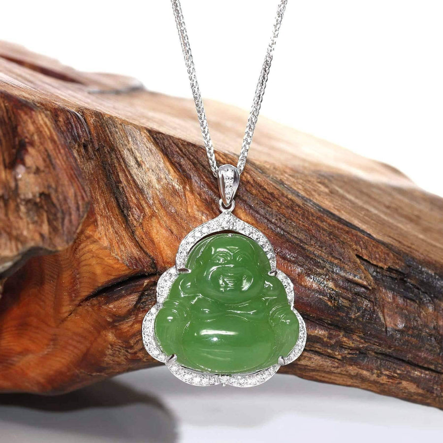 Baikalla Jewelry Gold Jade Buddha 14K White Gold With Matching Gold Chain Baikalla™ "Laughing Buddha" 14k Gold Genuine Nephrite Apple Green Jade with VS1 Diamonds High-end Collectable