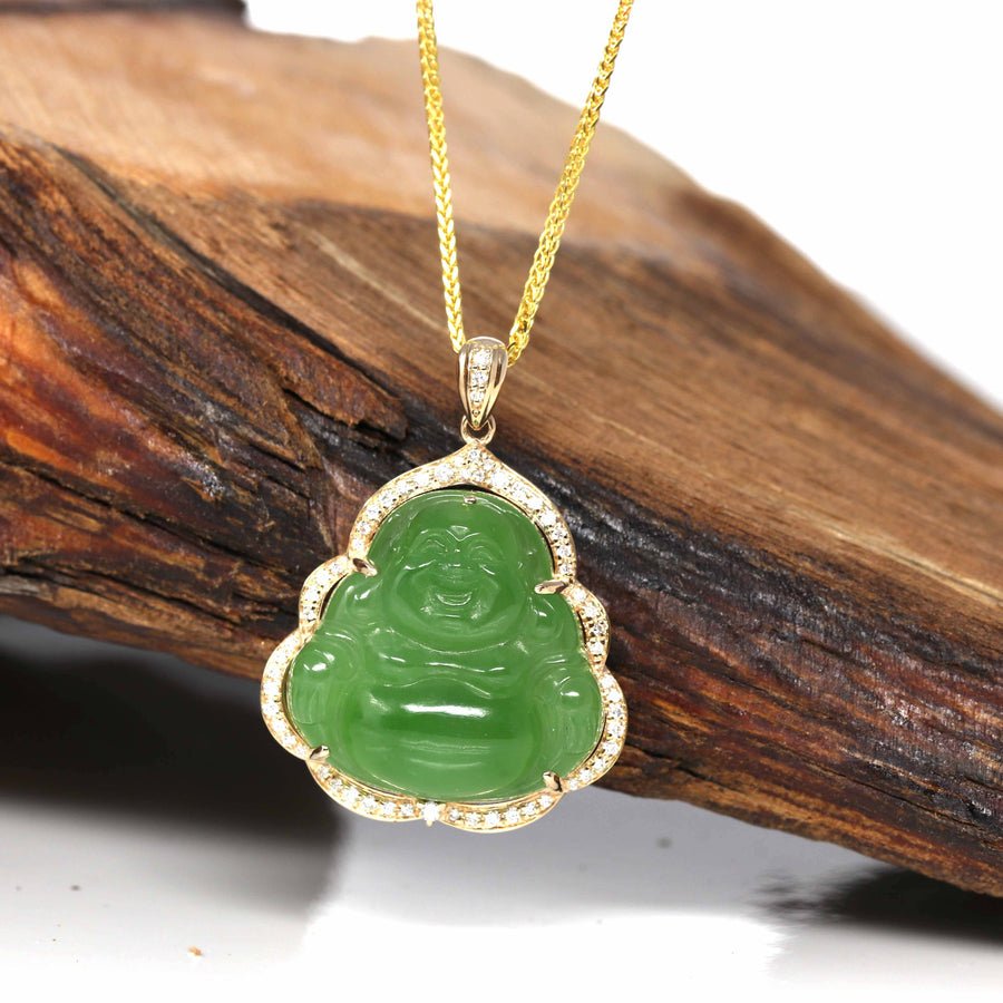 Baikalla Jewelry Gold Jade Buddha 14K Yellow Gold With Matching Gold Chain Baikalla™ "Laughing Buddha" 14k Gold Genuine Nephrite Apple Green Jade with VS1 Diamonds High-end Collectable
