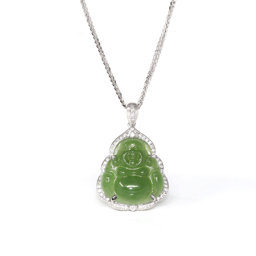 Baikalla Jewelry Gold Jade Buddha Baikalla™ "Laughing Buddha" 14k White Gold Genuine Nephrite Green Jade with Moissanite