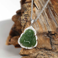 Baikalla Jewelry Gold Jade Buddha Baikalla™ "Laughing Buddha" 14k White Gold Genuine Nephrite Green Jade with Moissanite