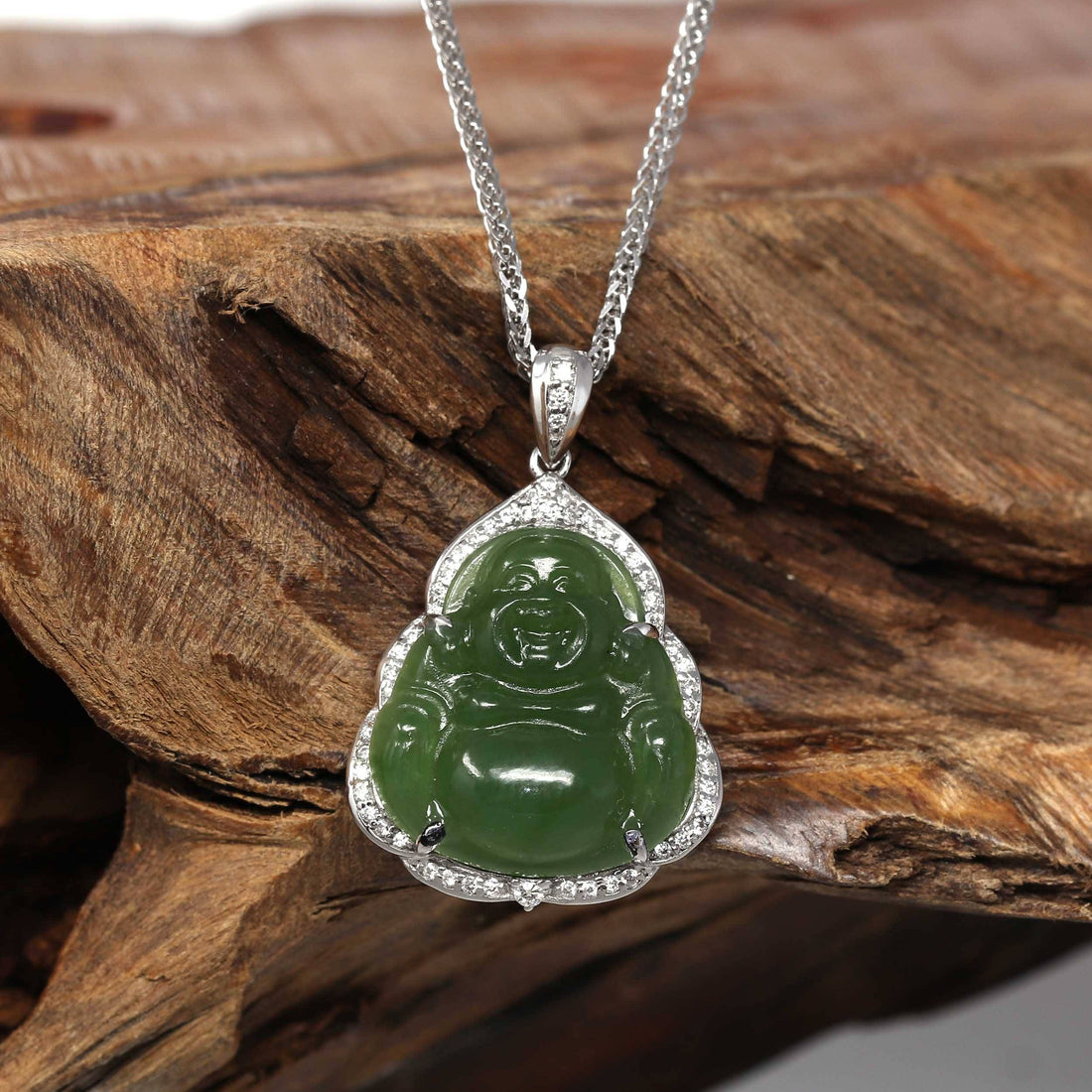baikalla laughing buddha 14k white gold genuine nephrite green jade with moissanitebaikalla