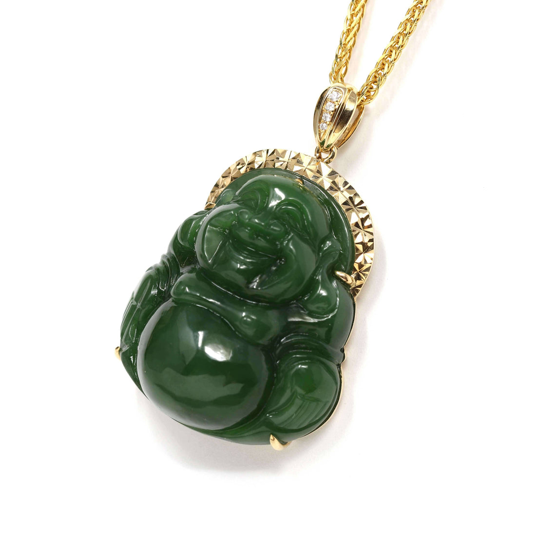 Baikalla Jewelry Gold Jade Buddha Baikalla™ "Laughing Buddha" 18k Yellow Gold Genuine Nephrite Green Jade with Diamonds Buddha Pendant Necklace High-end Collectable