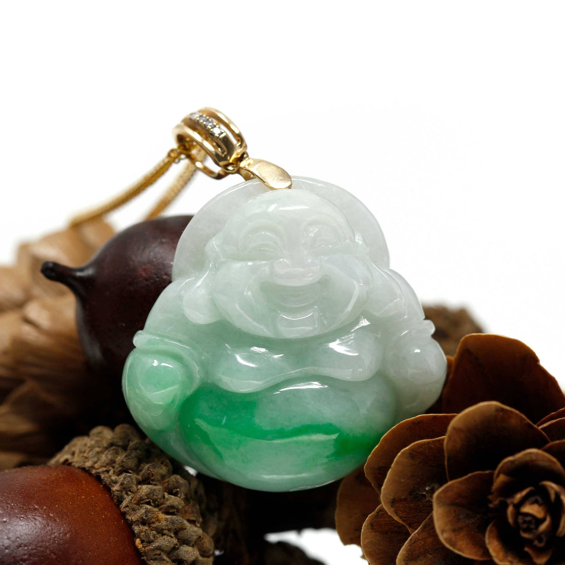Baikalla Jewelry Jade Buddha Pendant Baikalla™ "Laughing Buddha" Genuine Green Jadeite Buddha Pendant Necklace With 18k Yellow Gold Diamond Bail