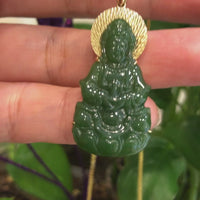 Baikalla™ Guan Yin 18k Yellow Gold Genuine Nephrite Green Jade Guanyin Buddha Pendant Necklace