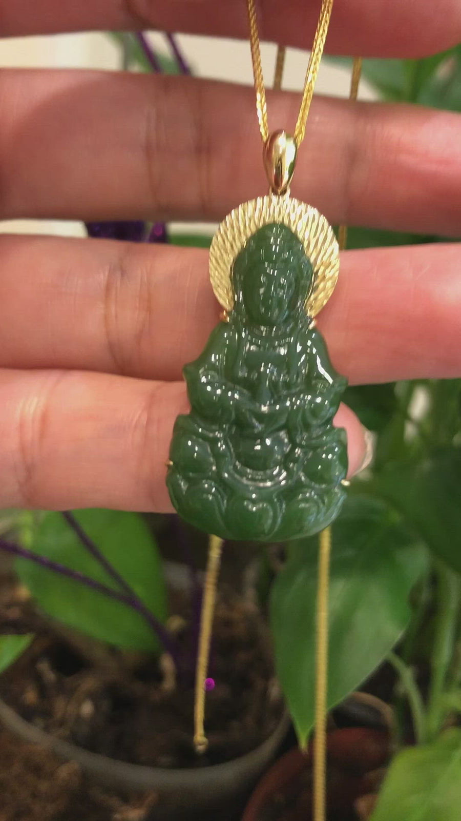 Baikalla™ Guan Yin 18k Yellow Gold Genuine Nephrite Green Jade Guanyin Buddha Pendant Necklace