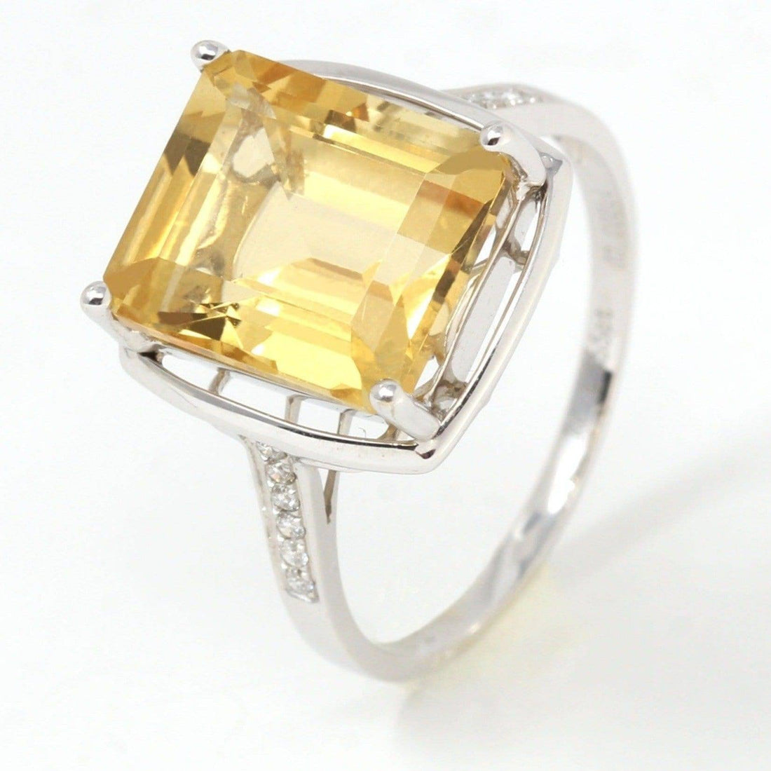 Baikalla Jewelry Gold Citrine Ring 6.25 18k White Gold Natural Emerald Cut Citrine Ring W/ Diamonds