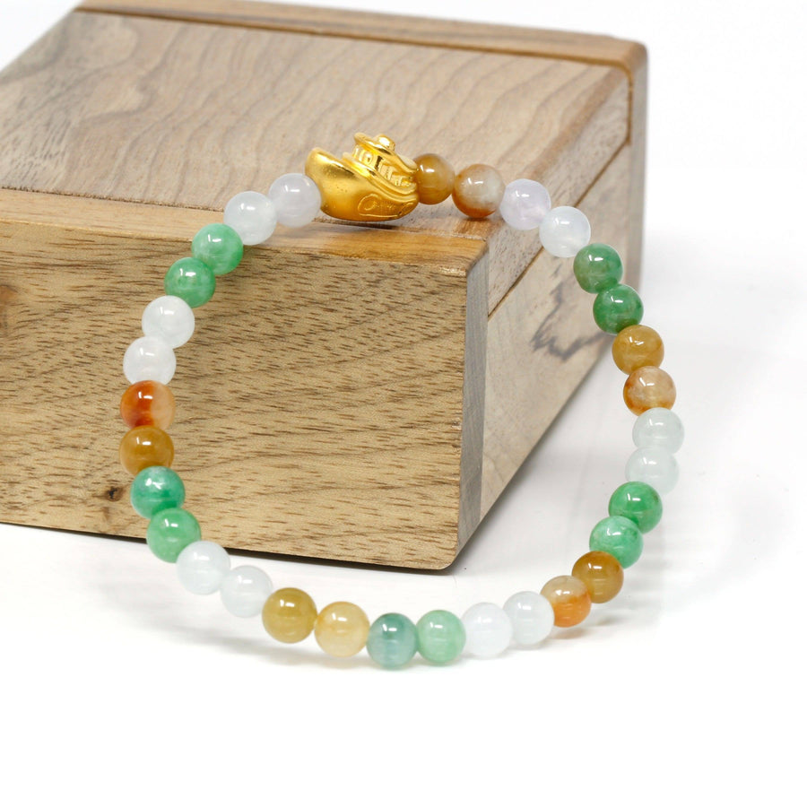 Baikalla Jewelry 24k Gold Jadeite Beads Bracelet XS 6 Inches Genuine High-quality Jade Jadeite Bracelet Bangle with 24k Yellow Gold Boat Charm Colorful  #416