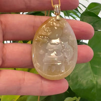 Genuine Yellow White Jadeite Jade Fish Pendant Necklace With 14K White Gold Diamond Bail