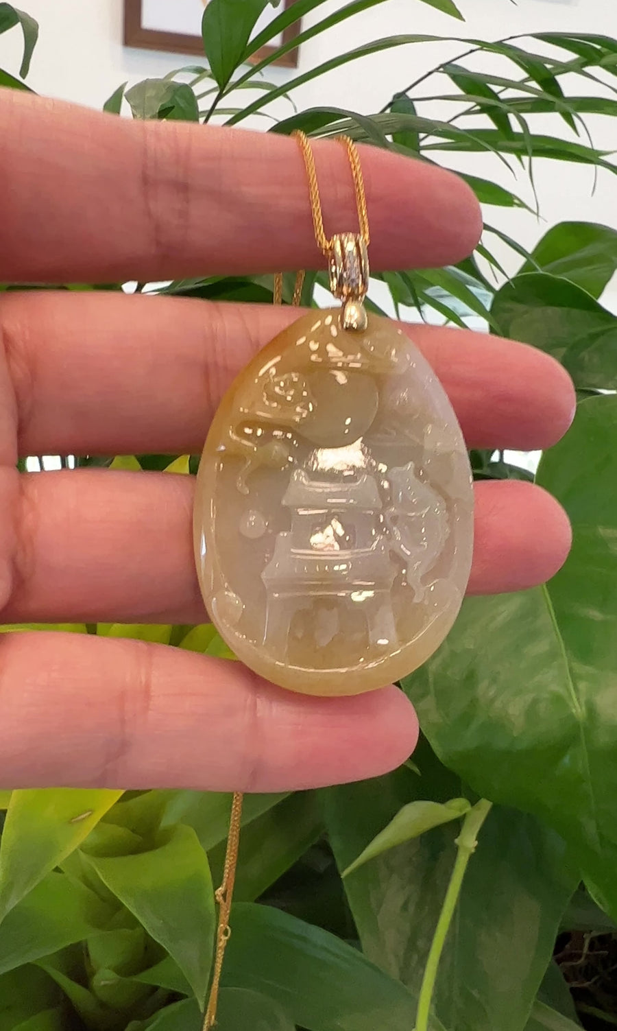 Genuine Yellow White Jadeite Jade Fish Pendant Necklace With 14K White Gold Diamond Bail