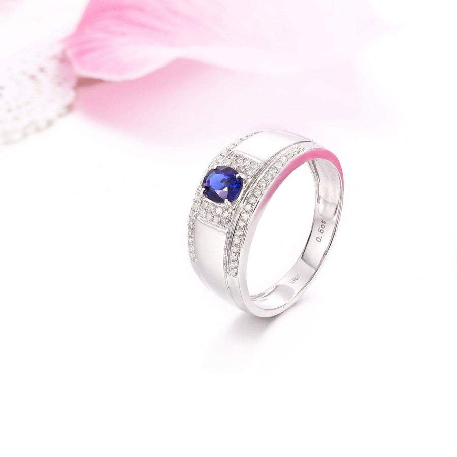 Baikalla Jewelry Gemstone Men's Ring 18k White Gold Natural 0.5 ct Sapphire Men's Halo Ring with Diamonds