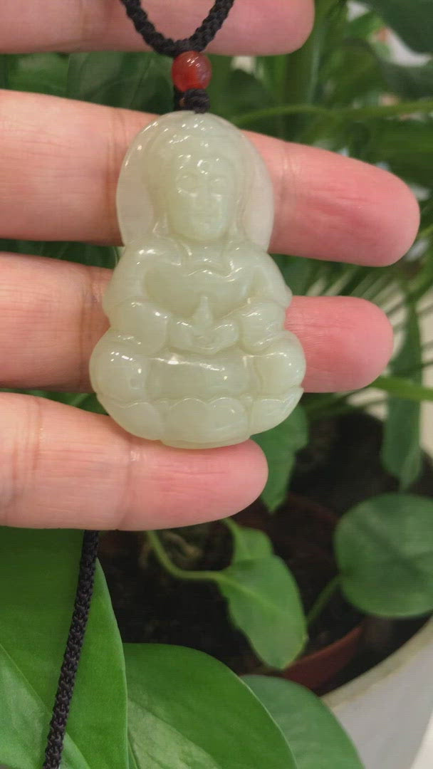 Baikalla™ "Classic Guan Yin (Goddess Of Compassion)" Genuine HeTian White Nephrite Jade Guanyin Pendant Necklace