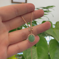 18K Rose Gold Oval Imperial Jadeite Jade Ginkgo Leaf Necklace with Diamonds