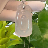 Genuine Ice White Jadeite Jade "Happiness in front of your eyes" Fu Zai Yan Qian Pendant Necklace With 14K White Gold Bail
