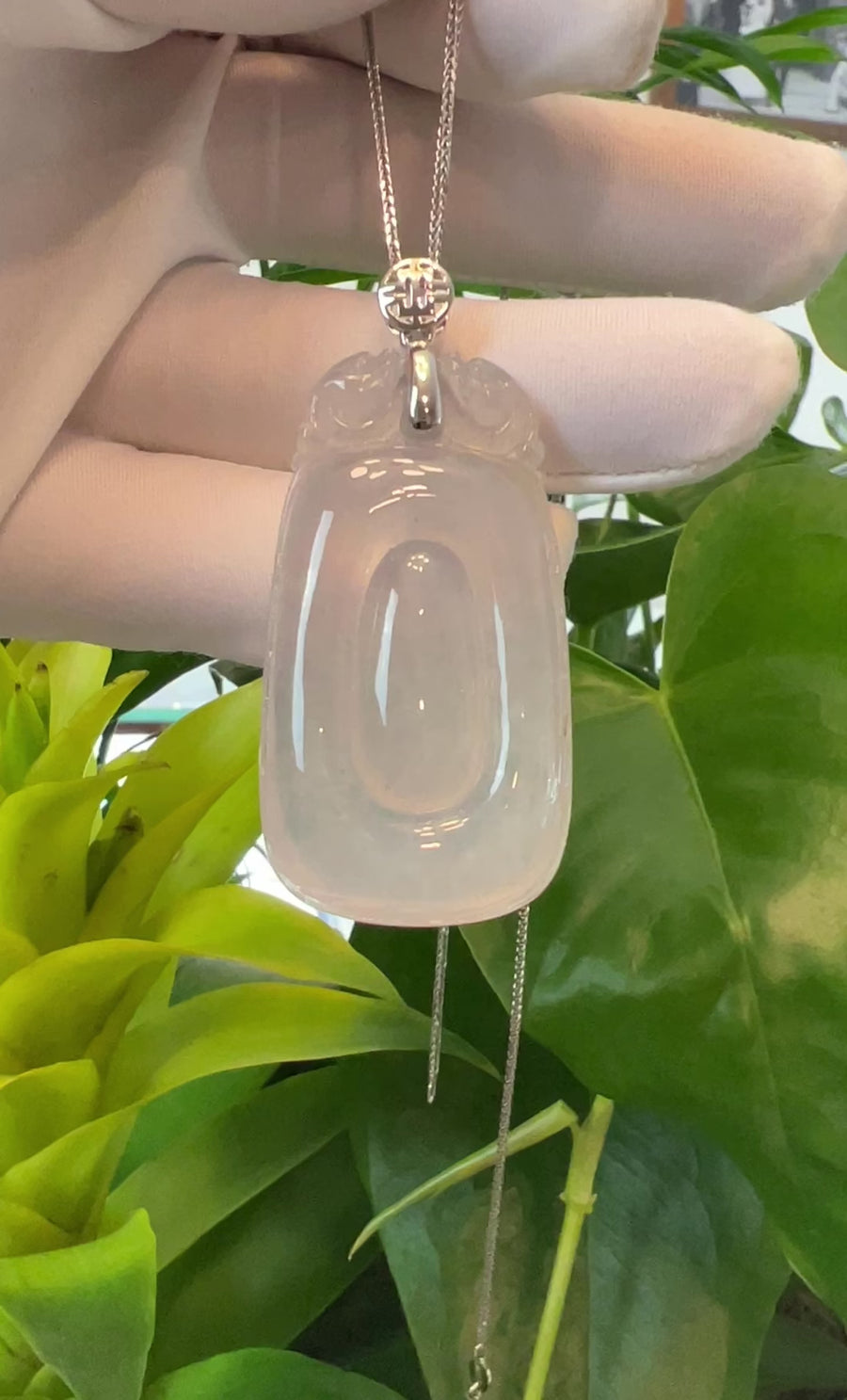 Genuine Ice White Jadeite Jade "Happiness in front of your eyes" Fu Zai Yan Qian Pendant Necklace With 14K White Gold Bail