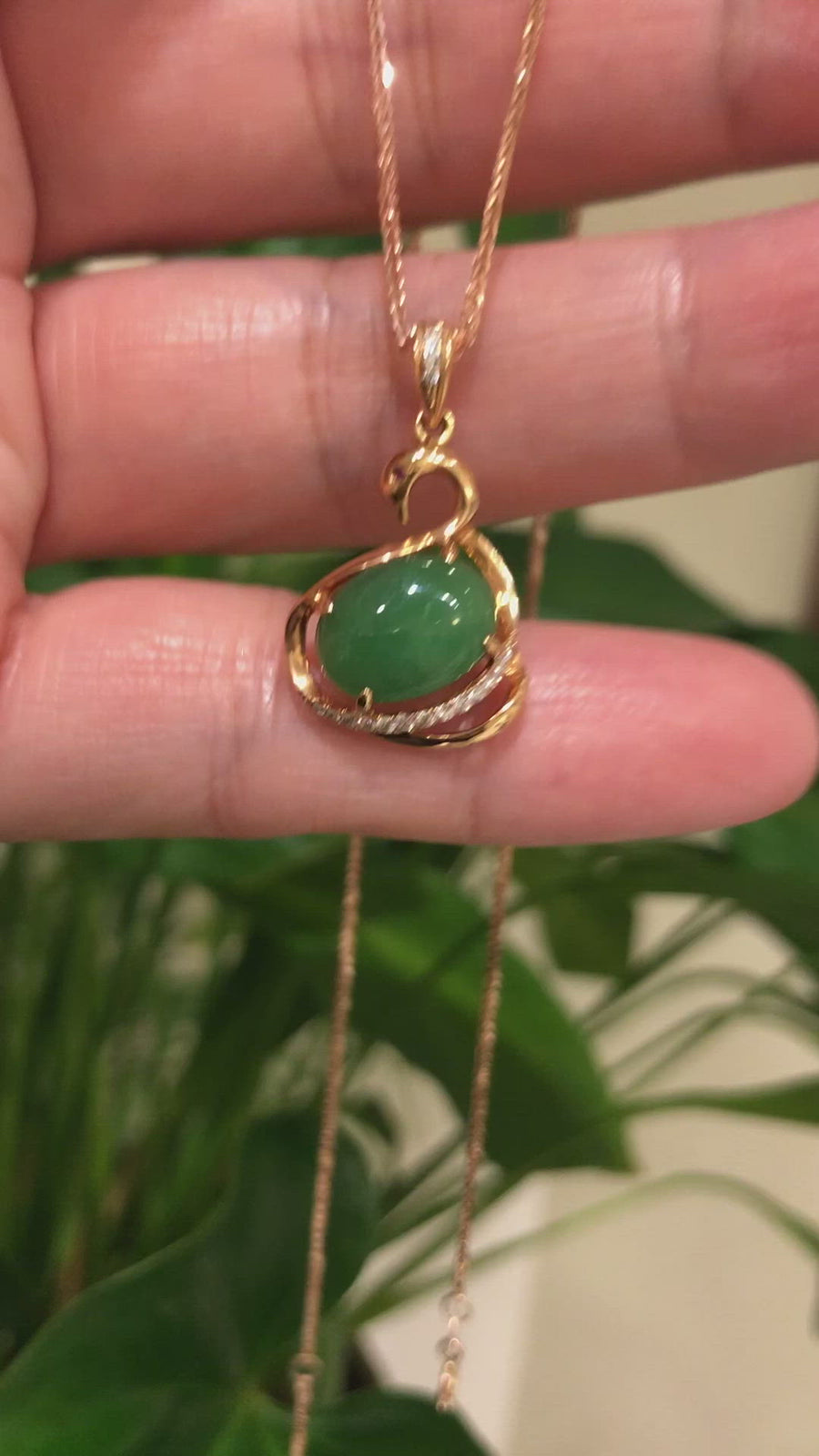 18K Rose Gold "Swan" Imperial Jadeite Jade Cabochon Necklace with Diamonds