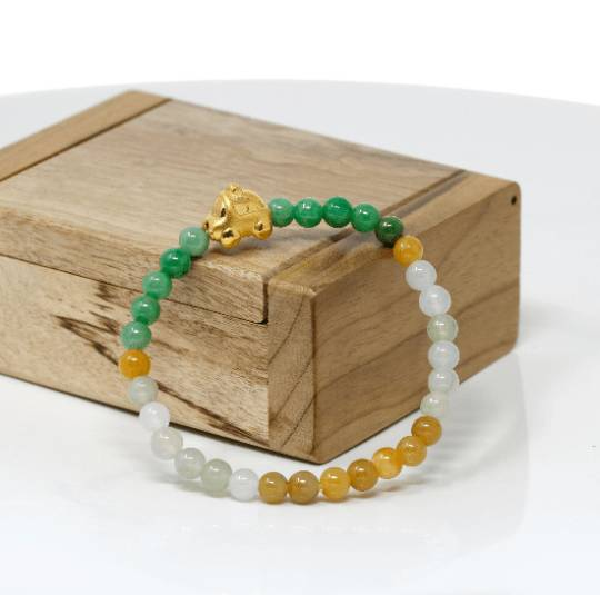 Baikalla Jewelry 24k Gold Jadeite Beads Bracelet XS 6 Inches Genuine High-quality Jade Jadeite Bracelet Bangle with 24k Yellow Gold Car Charm Colorful  #430