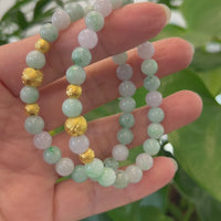 24K Pure Yellow Gold Star Beads With Genuine Green Jade Round Beads Bracelet ( 7.5 mm )