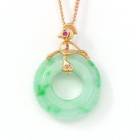 Baikalla Jewelry 18k Gold Jadeite Necklace 18k Rose Gold Genuine Burmese Jadeite Lucky Pendant Necklace With AA Ruby