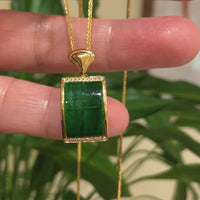 18k White Gold Genuine Burmese Jadeite Bamboo Pendant Necklace With Diamond