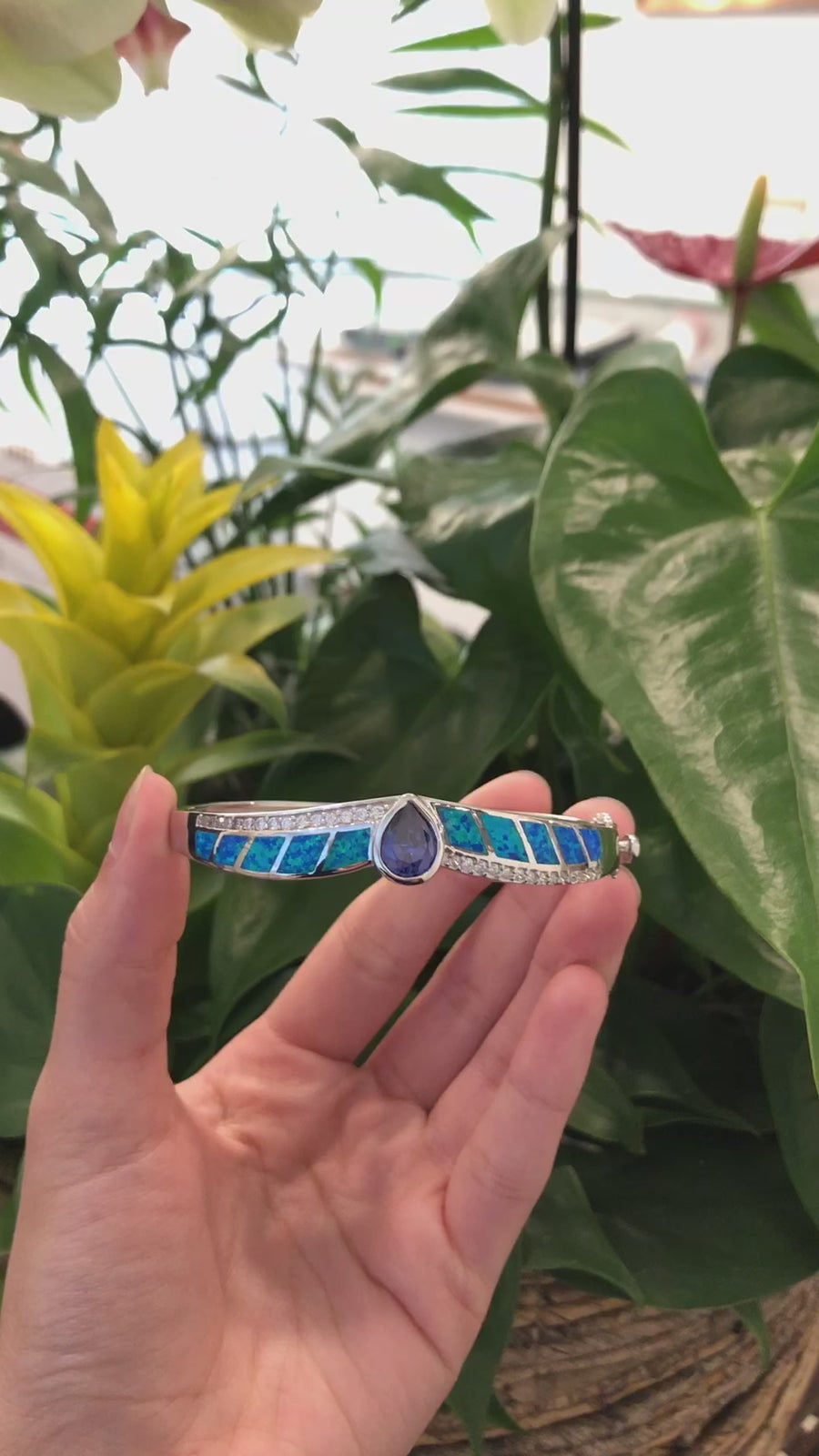 Sterling Silver Lab-Created Blue Opal Bracelet with Pear Lab-Created Blue Tanzanite, Blue Opal Bracelet, Opal Jewelry For Love, Birthstones