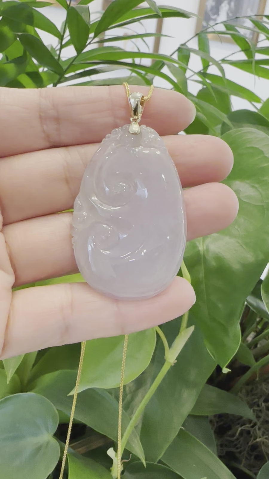 14k Yellow Gold Genuine Burmese Light Lavender Jadeite Happiness and Safety (Fu & Pingan) Pendant Necklace