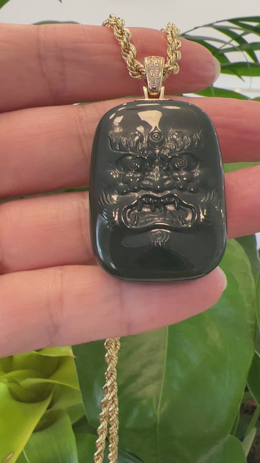 Baikalla™ 14K Yellow Gold Genuine Nephrite Black Jade "Demon Hunter" Pendant Necklace