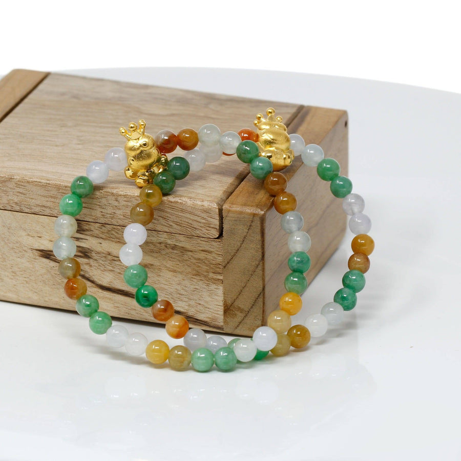Baikalla Jewelry 24k Gold Jadeite Beads Bracelet Genuine High-quality Jade Jadeite Bracelet Bangle with 24k Yellow Gold Frog Charm Colorful  #421