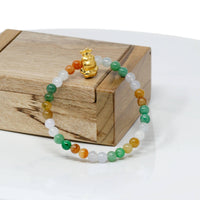 Baikalla Jewelry 24k Gold Jadeite Beads Bracelet XS 6 Inches Genuine High-quality Jade Jadeite Bracelet Bangle with 24k Yellow Gold Frog Charm Colorful  #421